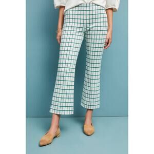by Anthropologie Essential Crop Flare Pants Size Medium White Teal Check Trouser